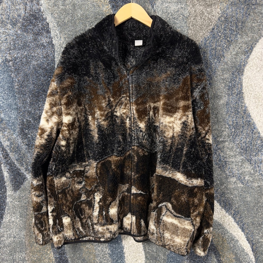 Vintage Cozy Corner Fleece Jacket Womens 2X Brown Deer Nature Print Gorpcore USA